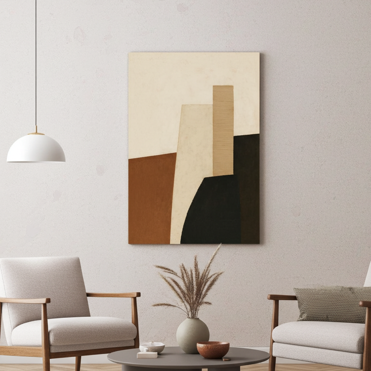 Modern living room with two chairs, a coffee table, and abstract art on the wall.