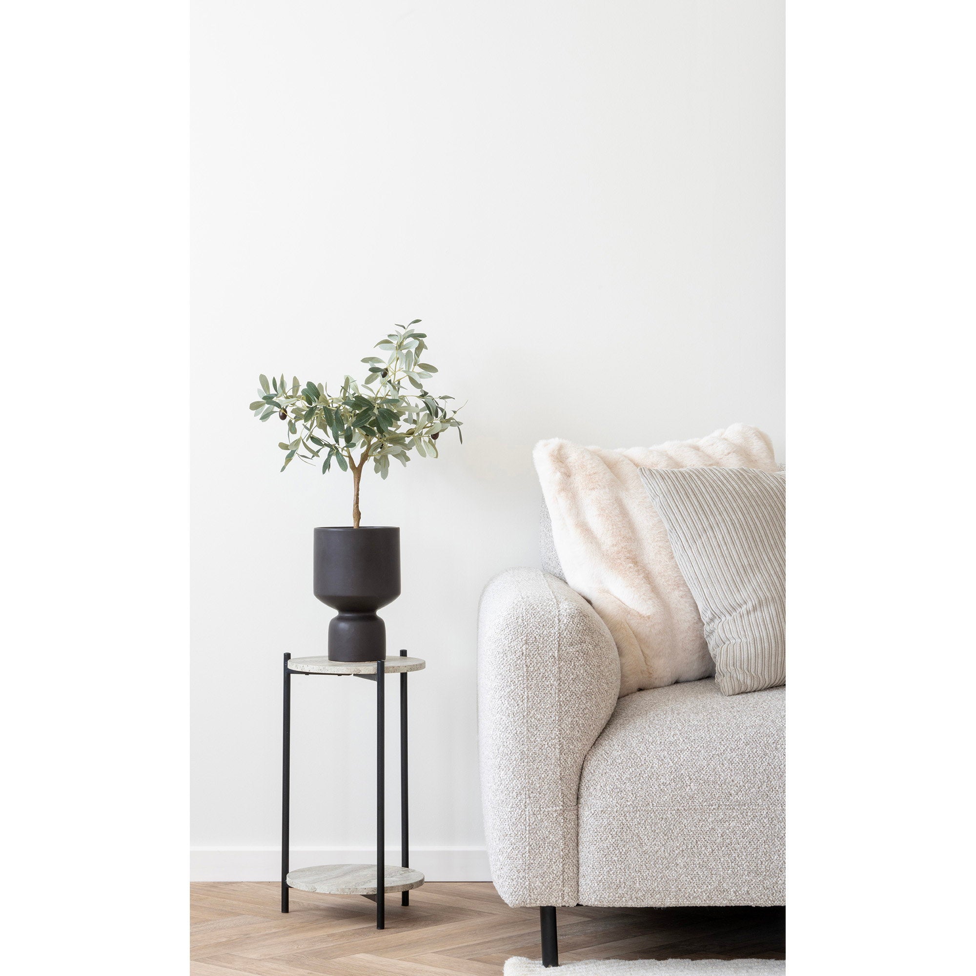 Leuven Side Table - Side table, travertine look, black legs ø27x46 cm
