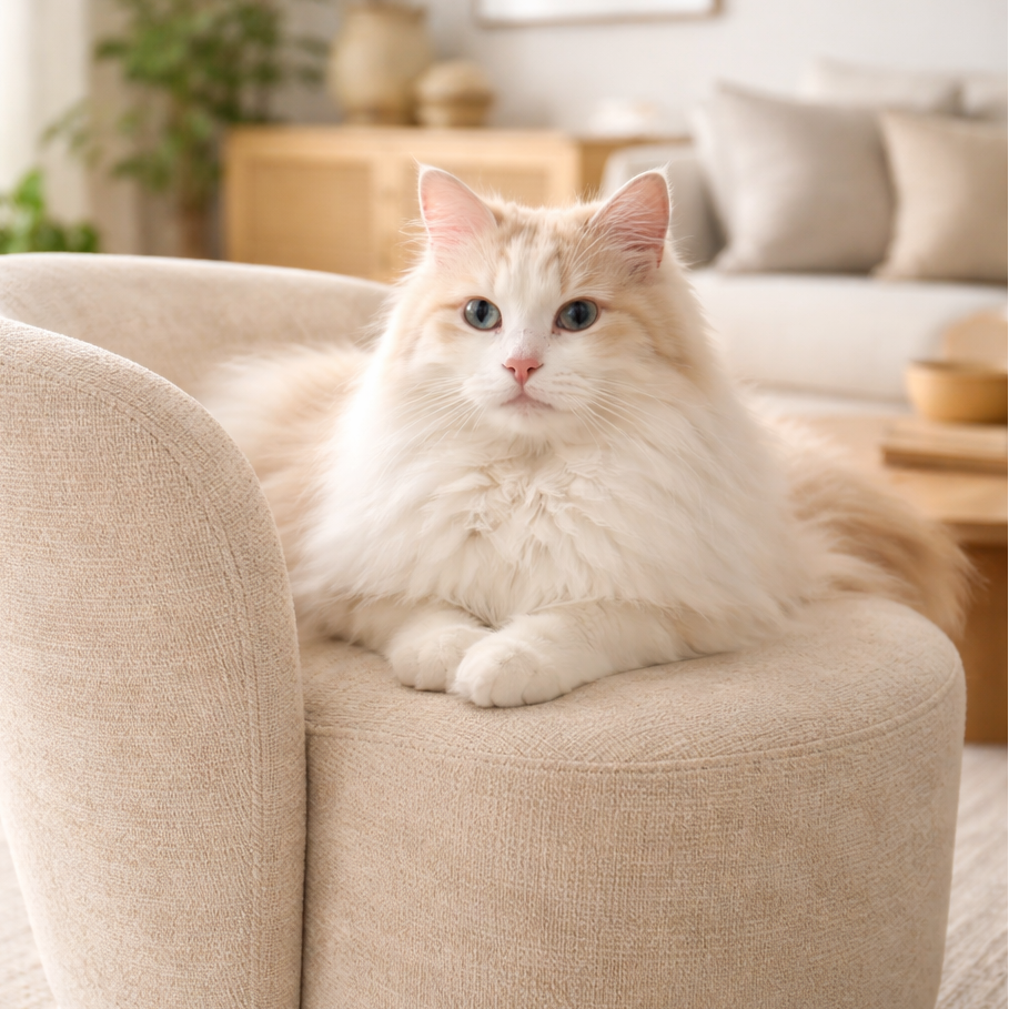 Fluffy white cat sitting on a beige armchair in a cozy living room.
