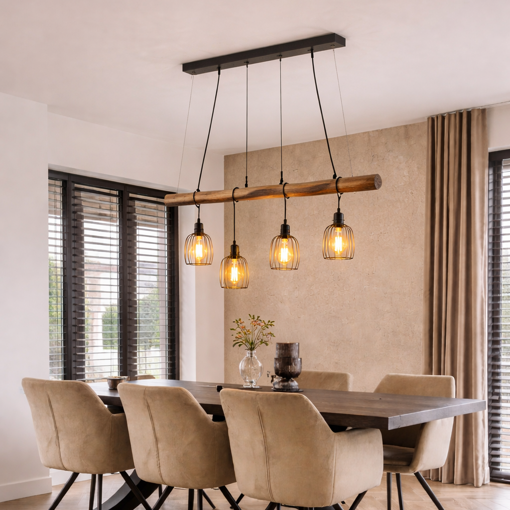 Dining room with wooden table and chairs, pendant light fixture, and large windows.